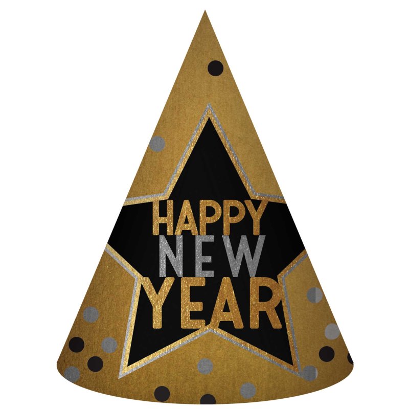 Happy New Year Star Gold, Black &amp; Silver Cone Shaped Hat Foil : Amscan